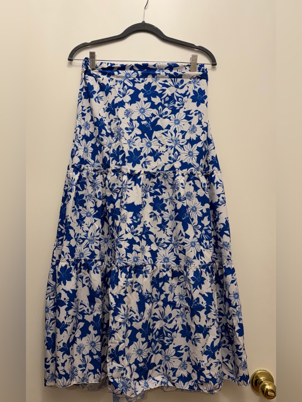 Floral Tiered Maxi Skirt - Blue & White. Size M